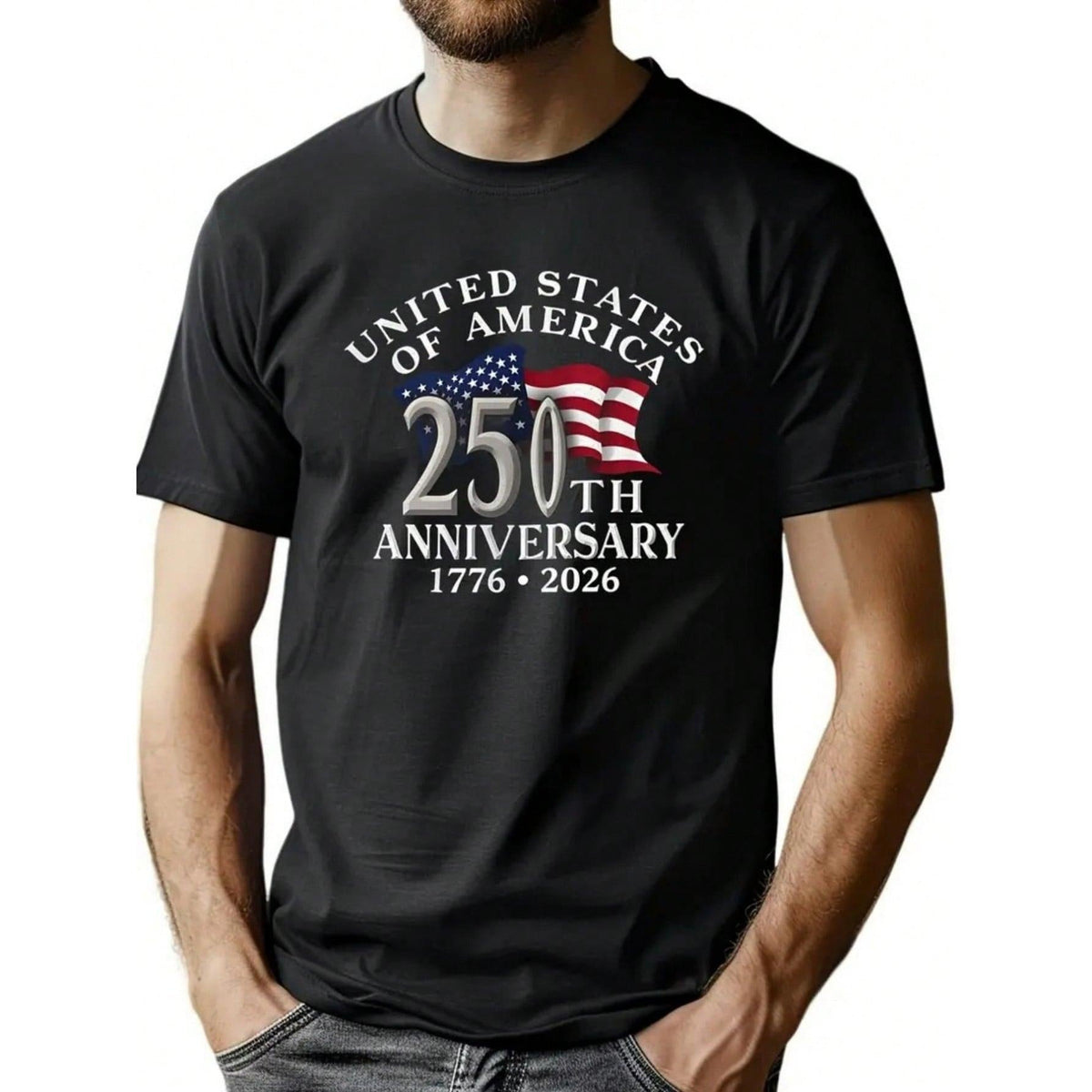 Man' S American Flag 250th Anniversary Print Black TShirt, Crew Neck, Casual Cotton Tee, Medium Stretch Knit Fabric, Regular Fit For Boys& Man, Perfect For Spring/Summer/Fall