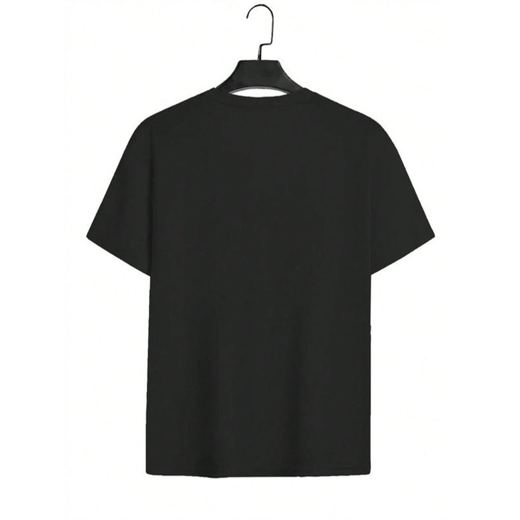 Women's Casual Elegant Black T-Shirt - White Heart & Stylized 'M' Graphic Design, Short Sleeve Round Neck, Machine Washable, All-Season Versatile Top, Casual Attire, Minimalist Design, Comfortable Fit