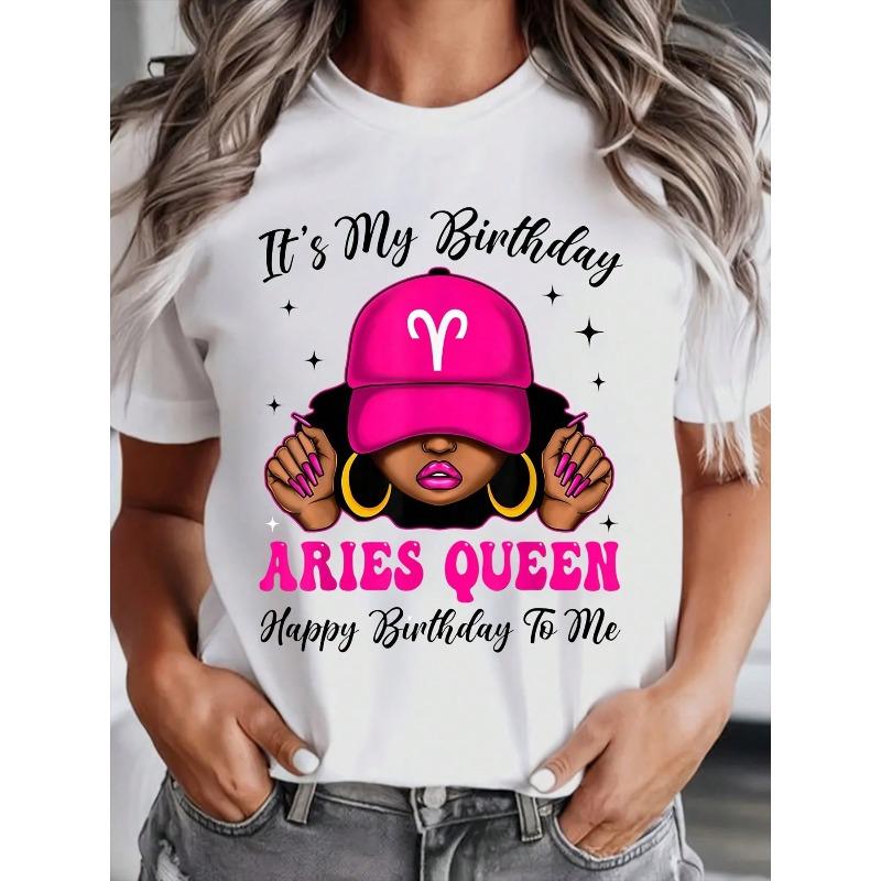 Women's 220g Cotton Casual Round Neck Short-Sleeve T-Shirt - Aries Queen Astrology Streetwear Top, Ideal Holiday Gift for Friends, Tshirt