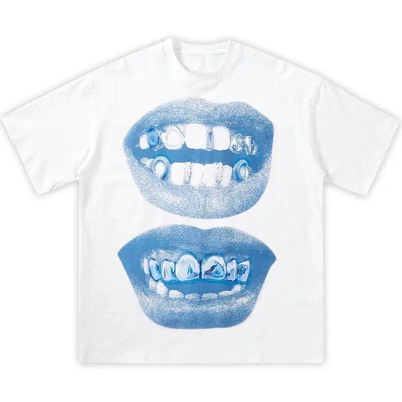 Double Blue Lips Grillz Boxy Tee  Y2K Streetwear Fashion Aesthetic Urban Trendy