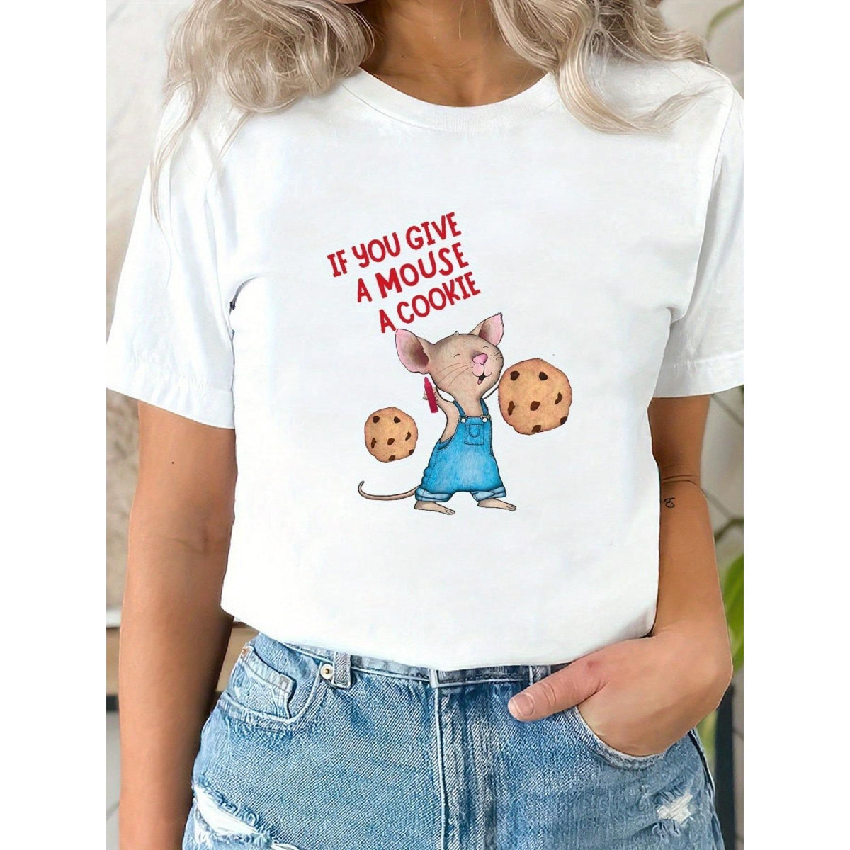 Happy Valentine'S Day Women's If You Give A Mouse A Cookie T-Shirt, Women's 220g Round Neck Casual Heavy Pure Cotton T-Shirt (1 PC)