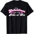 1pc Women'S "My Galentines Are My Ride or Die" 2024 Gang T-Shirt - 100% Cotton Black Short Sleeve Tee with Pink & Purple Heart Print, Casual Round Neck Top for Valentine'S Day, Anniversaries, Casual Attir