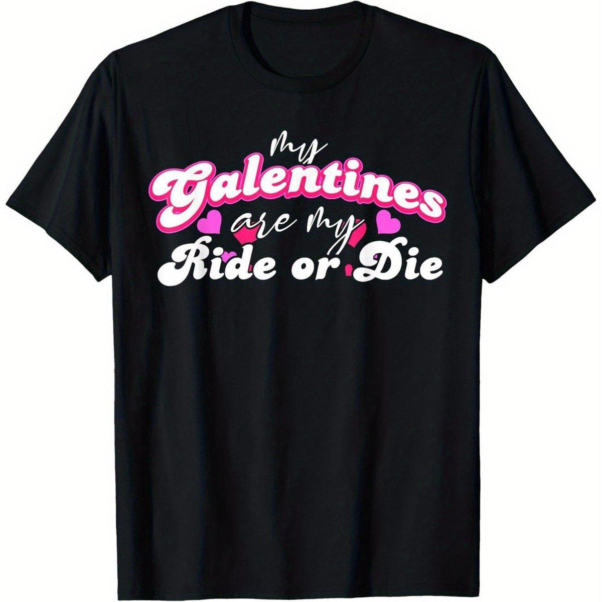 1pc Women'S "My Galentines Are My Ride or Die" 2024 Gang T-Shirt - 100% Cotton Black Short Sleeve Tee with Pink & Purple Heart Print, Casual Round Neck Top for Valentine'S Day, Anniversaries, Casual Attir