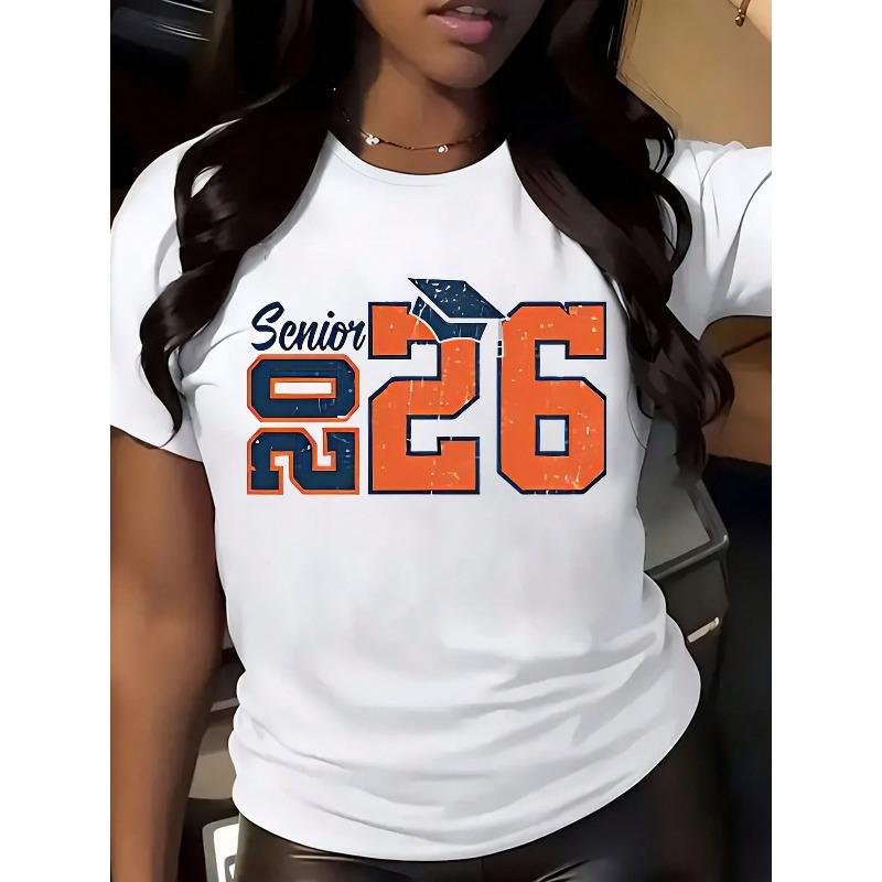 Class of 2026 Graduation T-Shirt - Senior Year Celebration Tee with Bold SENIOR Text Women's Casual Round Neck Shirt - Machine Washable Graduation Party Outfit Breathable Material, Unisex Apparel, High Seniors