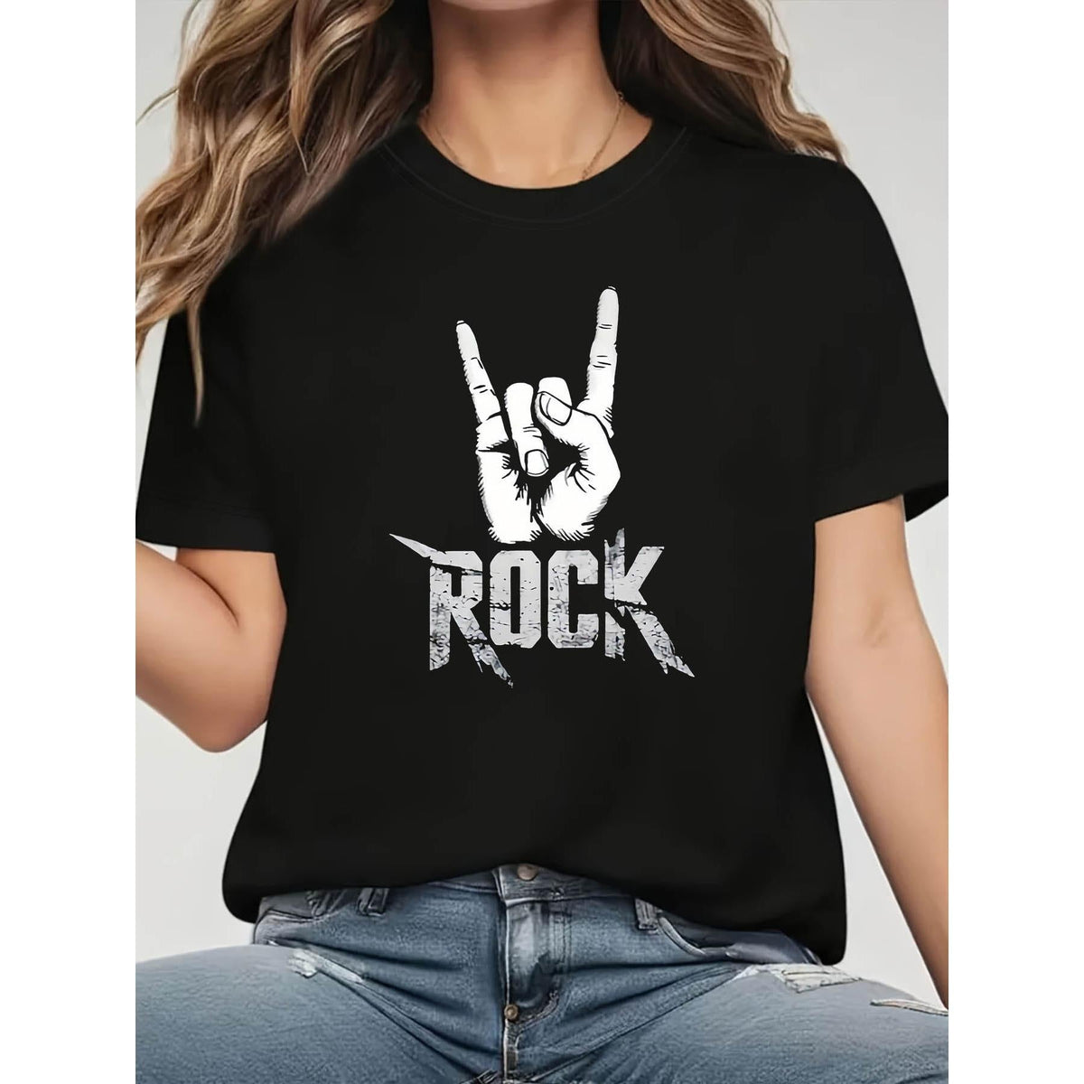 Plus Size - Plus Size - ROCK Graphic Print Plus Size Women'S Short Sleeve Crew Neck Casual Top for Summer & Spring, Women'S T-Shirt