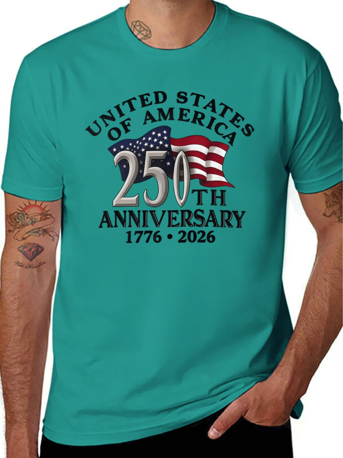Men's Short-Sleeve Cotton T-Shirt, 250th Anniversary USA Patriotic Top - 1776-2026 Independence Day Flag Print & 250 Years Text, All-Seasons Relaxed-Fit Round Neck Streetwear Casual Tee, Machine Washable