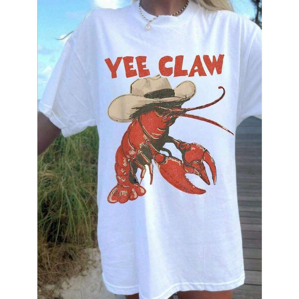 Lobster Cowboy Funny Graphic Tee For Women Yee Claw Western Beach Oversized T-Shirt
