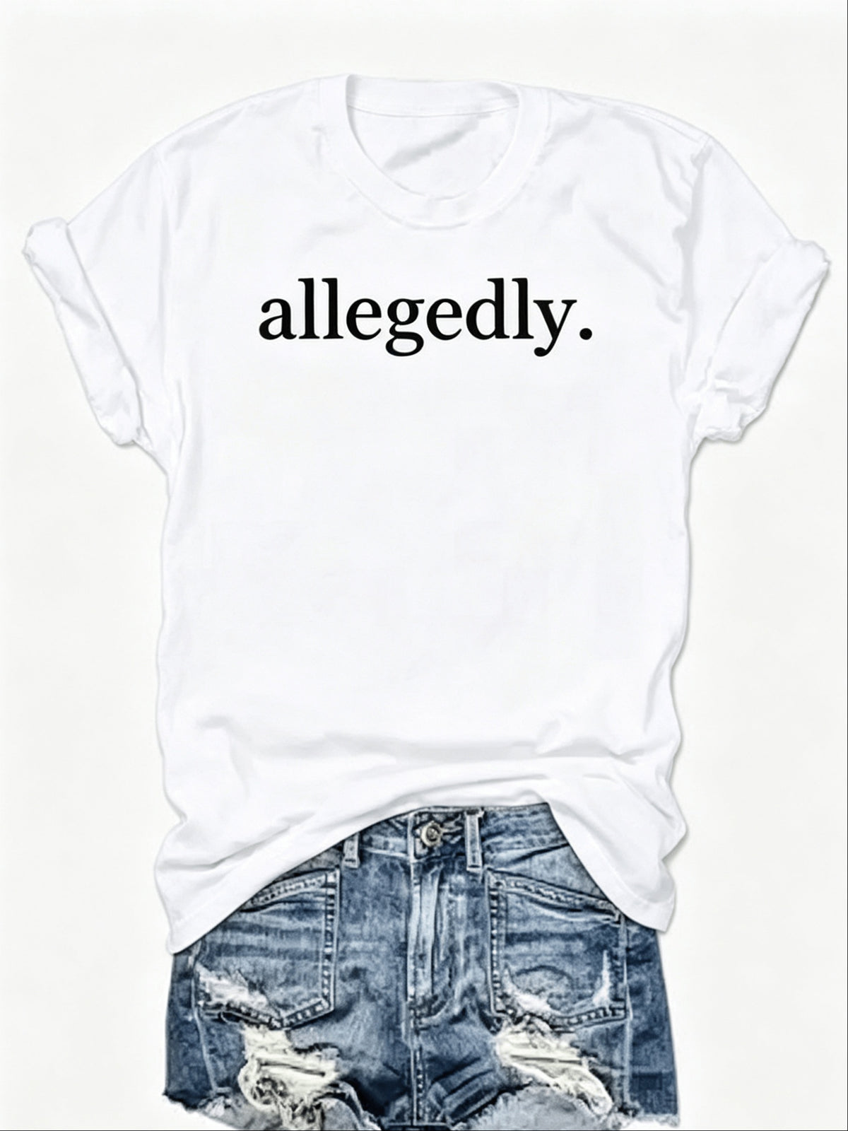 Womens Allegedly Graphic Tee, Minimal Text Print Round Neck Short Sleeve T-Shirt, Funny Sarcastic Casual Daily Wear Top