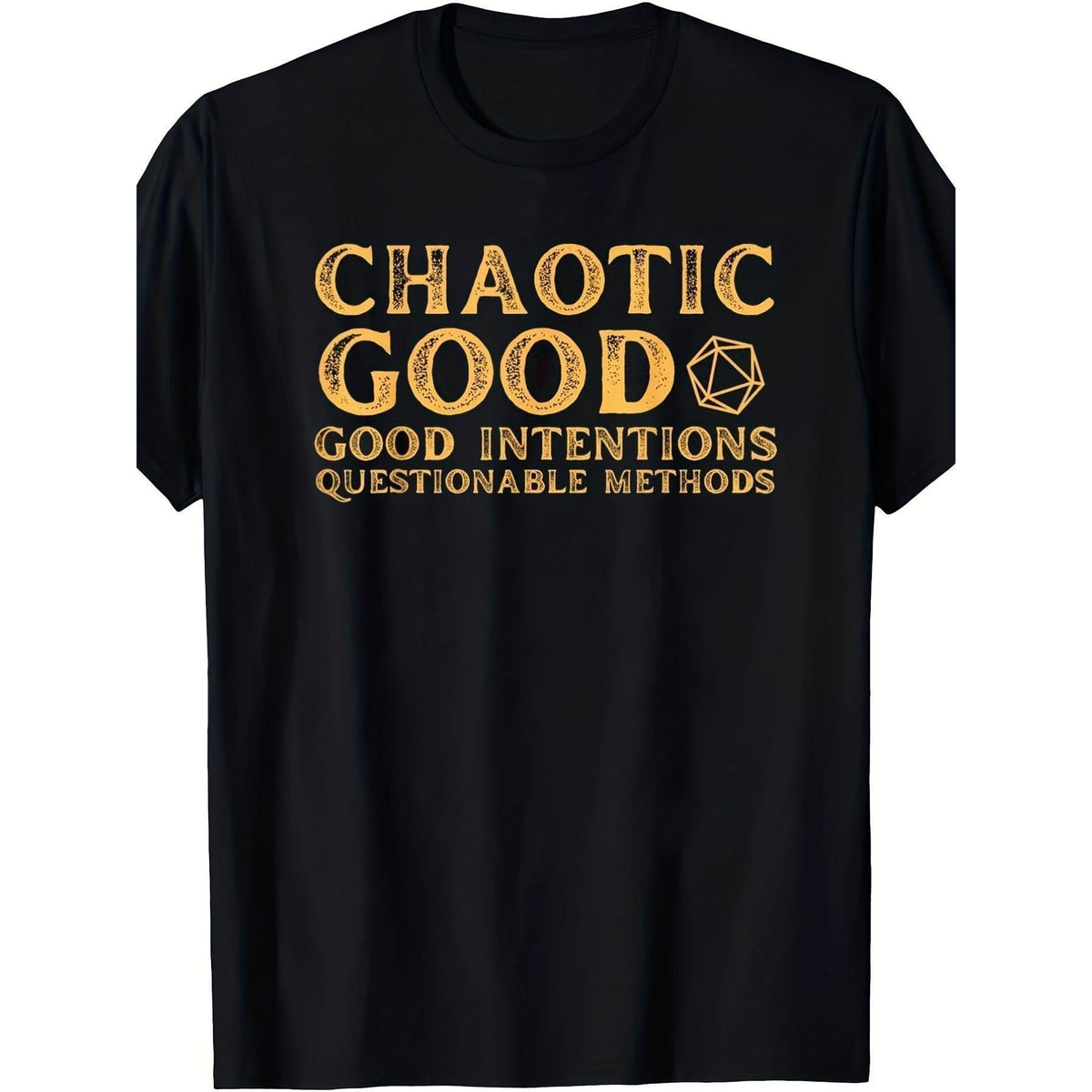 Chaotic Good Statement Plus Size T-Shirt - Black Short Sleeve Tee with Golden Distressed Print, Perfect for RPG Players and Casual Wear, Eye-Catching Design for Unique Style and Self-Expression