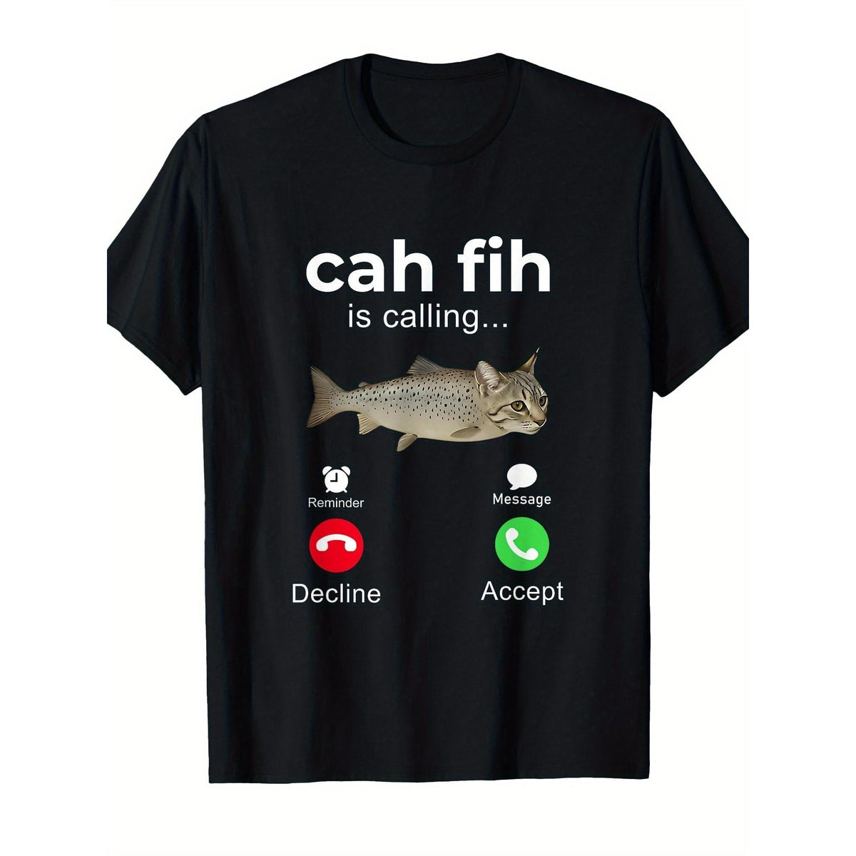 Fun Fish-Themed Phone Call Graphic T-Shirt - Design for Answering/Declining Messages, Featuring a Fish Smartphone Icon - Casual Round Neck Short-Sleeve T-Shirt