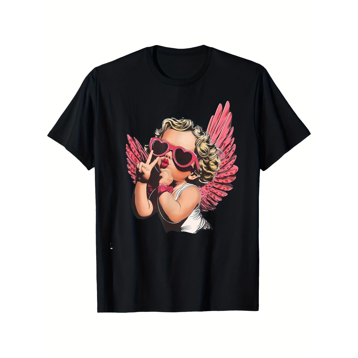 Women's Retro Cupid Graphic T-Shirt - Black with Pink Wings & Heart Fashion Glasses Design, Soft Breathable Cotton, Unisex Crew Neck Tee for Valentine's Day, Halloween, Love Dog Festival - Lightweight Casual Shirt