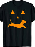 Halloween Pumpkin Dachshund Costume Funny Wiener Dog Graphic Tee for Men Women, Cute Ghost Doxie Short Sleeve T-Shirt, Casual Crew Neck Top for Dog Lover Gift