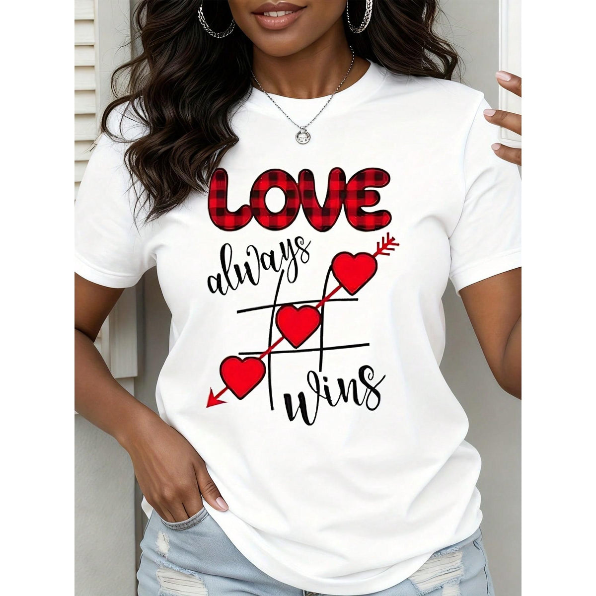 T Shirt Love Always Wins Heart Tic Tac Toe Print Valentine Day Couple Outfit