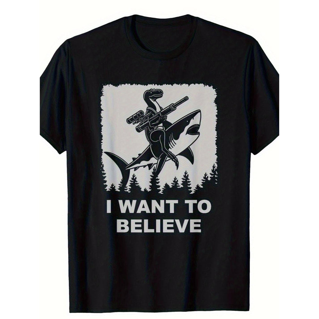Men's 'I Want to Believe' Velociraptor Shark Graphic TShirt Black Crewneck, Casual for Outings, Casual Wear Tshirt Playful Graphic Tee Printed TShirt