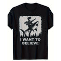 Men's 'I Want to Believe' Velociraptor Shark Graphic TShirt Black Crewneck, Casual for Outings, Casual Wear Tshirt Playful Graphic Tee Printed TShirt