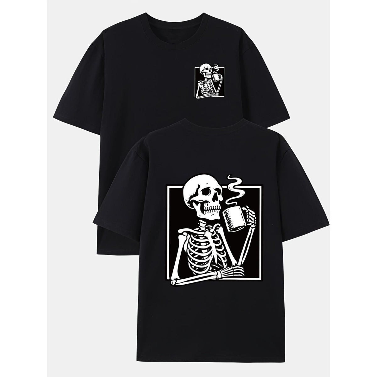 Women's Natural Non-Irritating Cotton Skull Graphic T-Shirt - Soft Round Neck, Short-Sleeve, Skull Coffee Front & Back Print for Casual, Sports Wear, Crew Neck