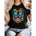 Women's Butterfly Floral Pattern T-Shirt | Aesthetic Short Sleeve Crew Neck | 100% Cotton