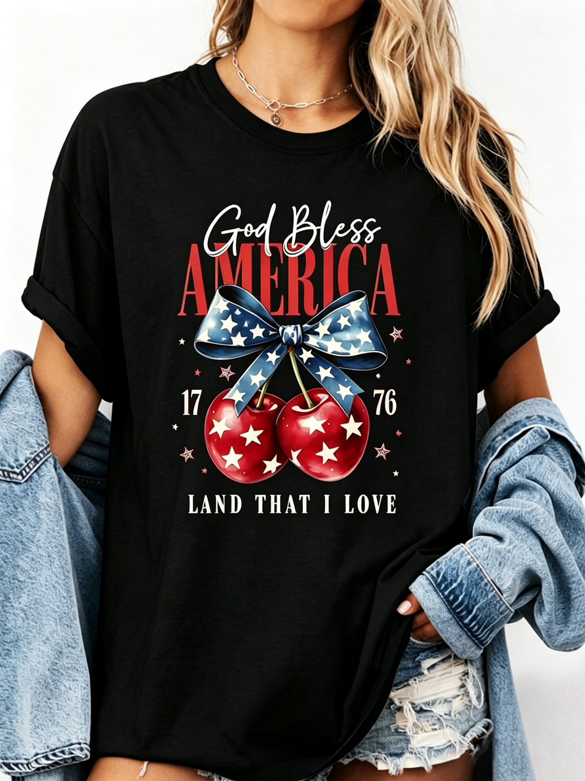 Patriotic God Bless America Graphic T‑Shirt, Retro Cherry Star Bow Short Sleeve Crewneck Tee for Women