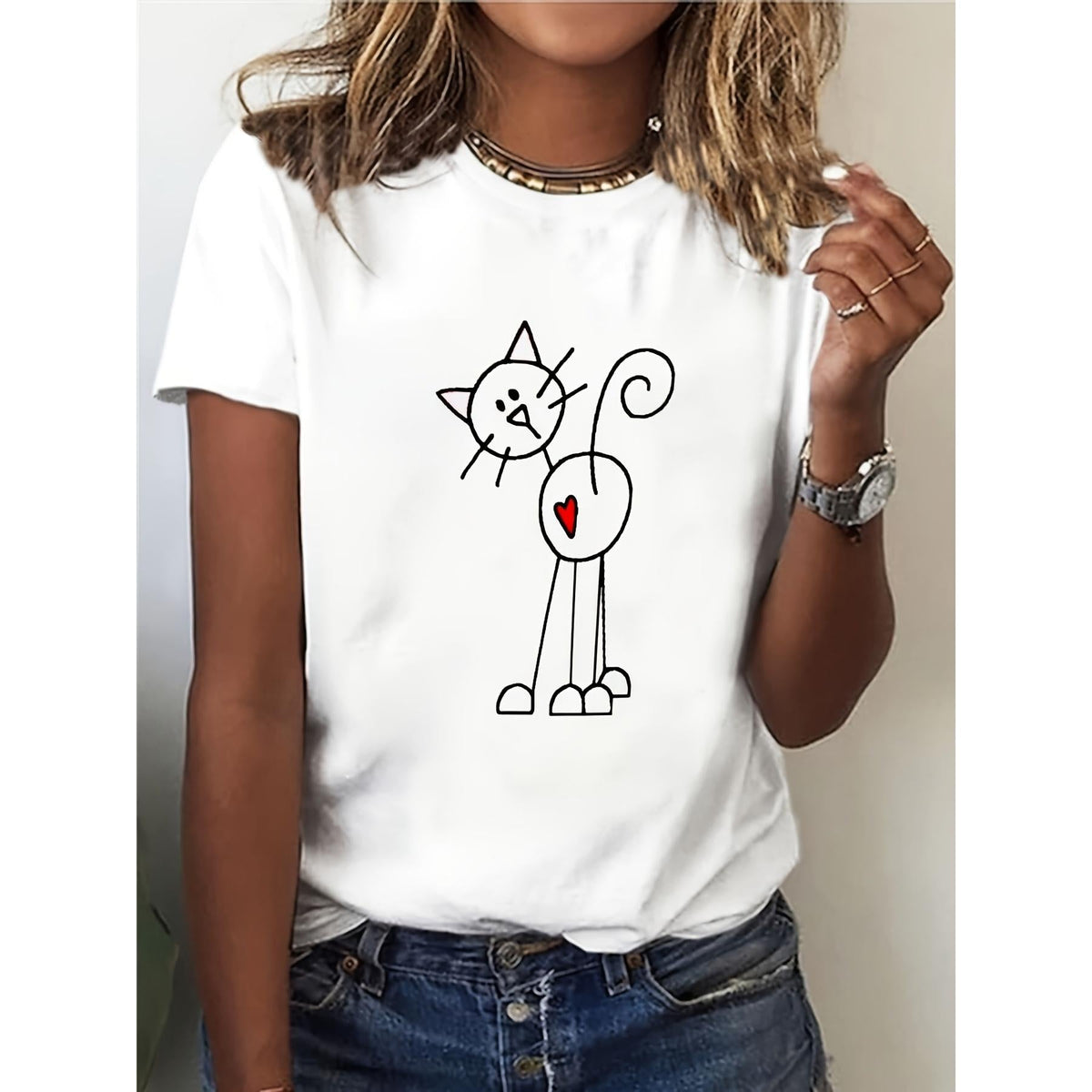 Minimalist Cat Heart T-Shirt Round Neck Short Sleeves Cute Doodle Cat Love T-Shirt