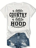 Womens Western Cowgirl Graphic Tee, A Little Country A Little Hood Print Short Sleeve T-Shirt, Relaxed Fit Casual Ranch Daily Top