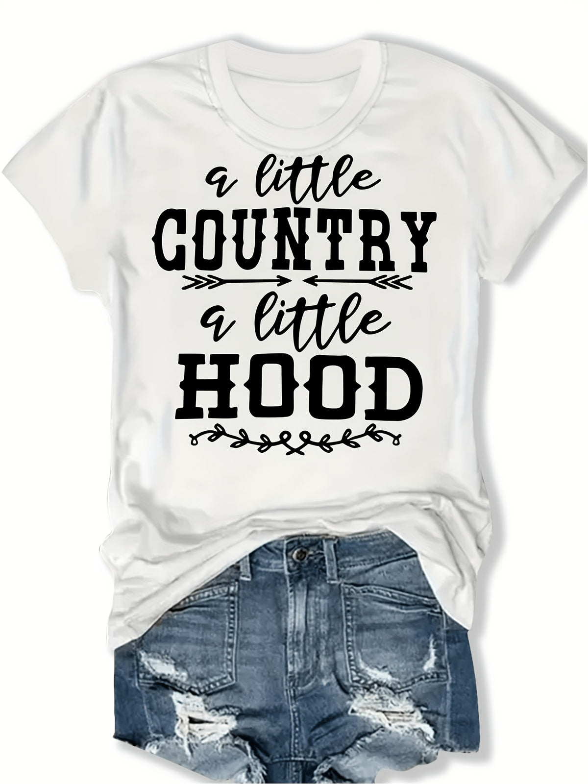 Womens Western Cowgirl Graphic Tee, A Little Country A Little Hood Print Short Sleeve T-Shirt, Relaxed Fit Casual Ranch Daily Top