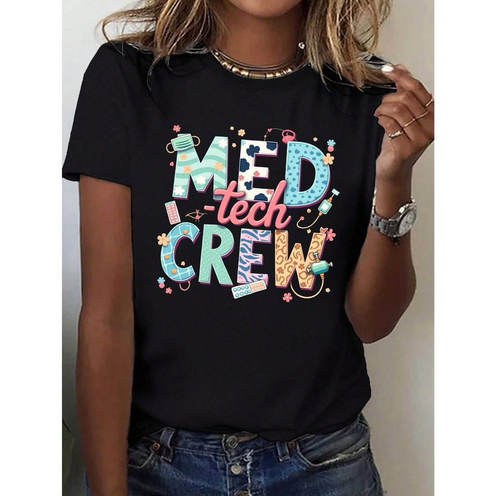 MED Tech Crew Graphic T-Shirt | Nursing Symbols Stethoscope Heart Pills | 100% Cotton Women's Hospital Tee