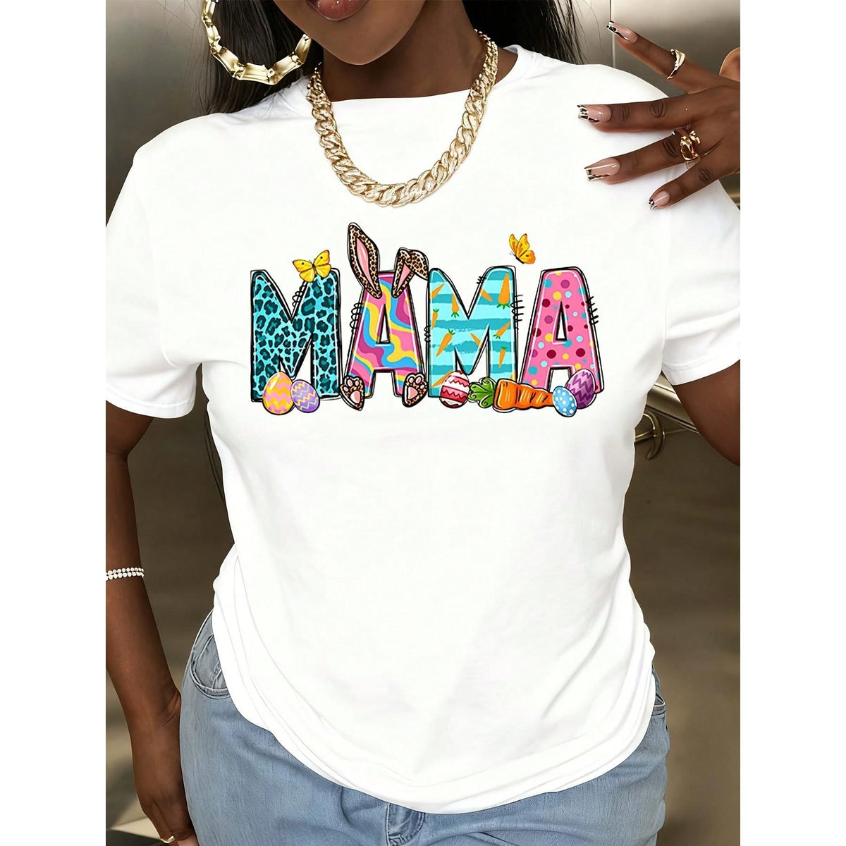 T Shirt Mama Easter Bunny Eggs And Carrots Print For Women Spring Festival Casual Wear