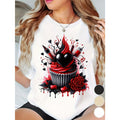Women'S Gothic Cupcake Valentine'S Day T-Shirt - Black & White Apricot Print with Red Accents, Oversized & Fitted Sizes Under $6, Short Sleeve Round Neck Casual Elegant Top for Parties, Summer & Holiday Wear, Party Attire, Women