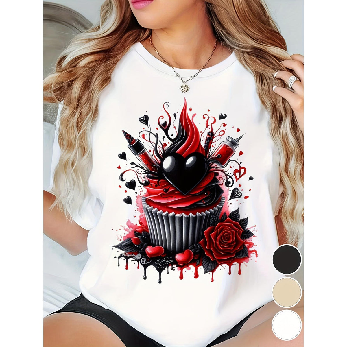 Women'S Gothic Cupcake Valentine'S Day T-Shirt - Black & White Apricot Print with Red Accents, Oversized & Fitted Sizes Under $6, Short Sleeve Round Neck Casual Elegant Top for Parties, Summer & Holiday Wear, Party Attire, Women