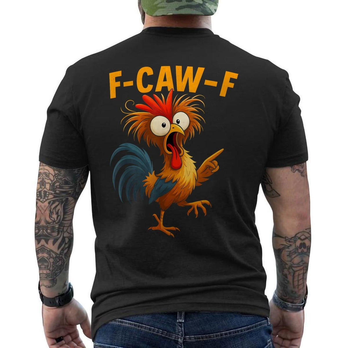 Men's Short-Sleeve Round Neck Cotton T-Shirt - Casual Streetwear, All-Season, Funny Back Print of Crow Rooster Chicken Whisperer "Fawk Off" Tops, Shortsleeve