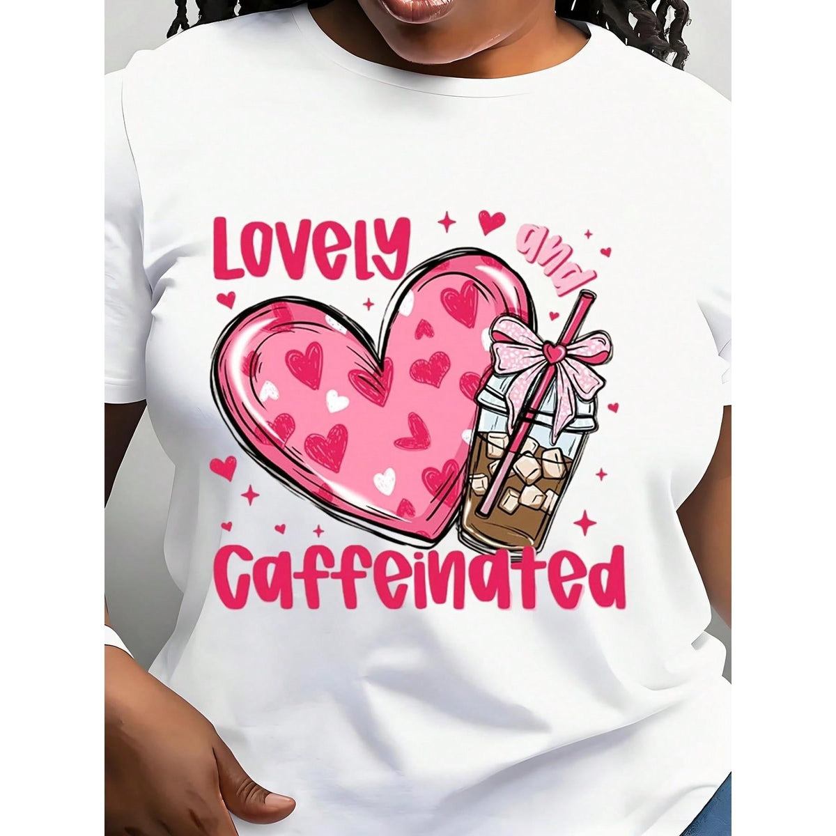 Lovely And Caffeinated  , Valentine's Coffee Valentine Heart T-Shirt, Valentine Coquette T-Shirt, Coffee Lover T-Shirt