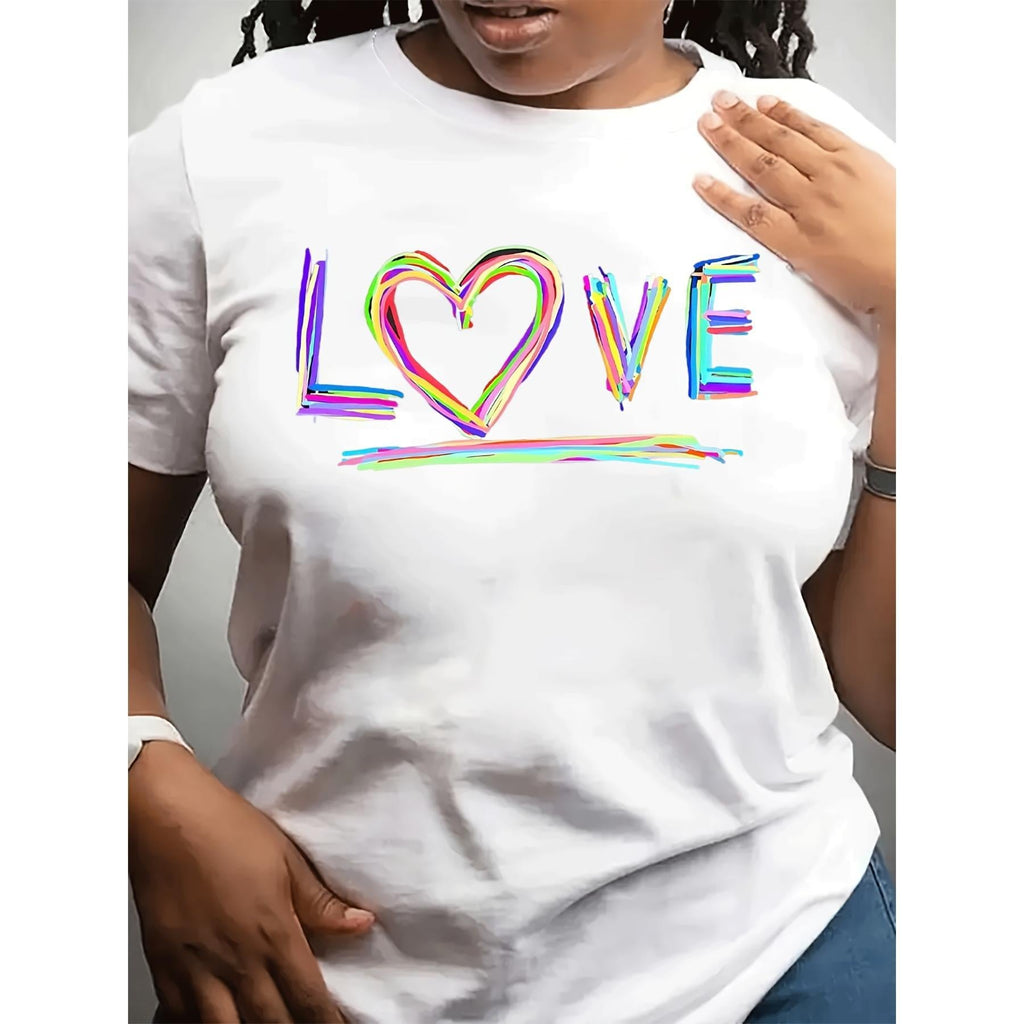 Women’s White Crew Neck Short Sleeve T-Shirt, Colorful Hand Drawn Rainbow LOVE Heart Graphic Tee, Romantic Valentine’s Day All Season Casual Fashion Top