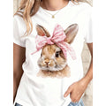 Cute Rabbit Print T-Shirt White Bunny With Pink Bow Spring And Easter Outfit For Women Casual Wear