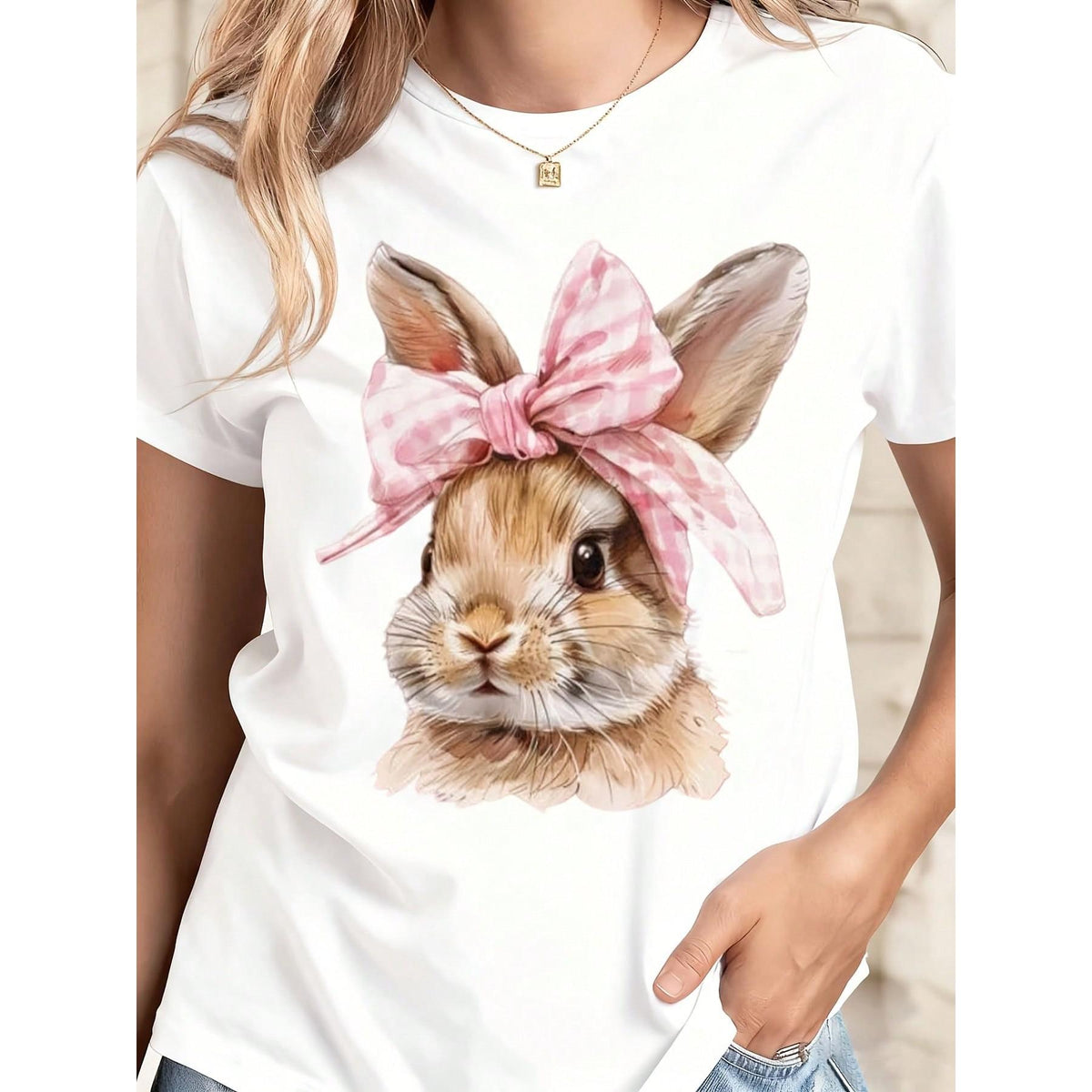 Cute Rabbit Print T-Shirt White Bunny With Pink Bow Spring And Easter Outfit For Women Casual Wear