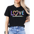 Women’s White Crew Neck Short Sleeve T-Shirt, Colorful Hand Drawn Rainbow LOVE Heart Graphic Tee, Romantic Valentine’s Day All Season Casual Fashion Top