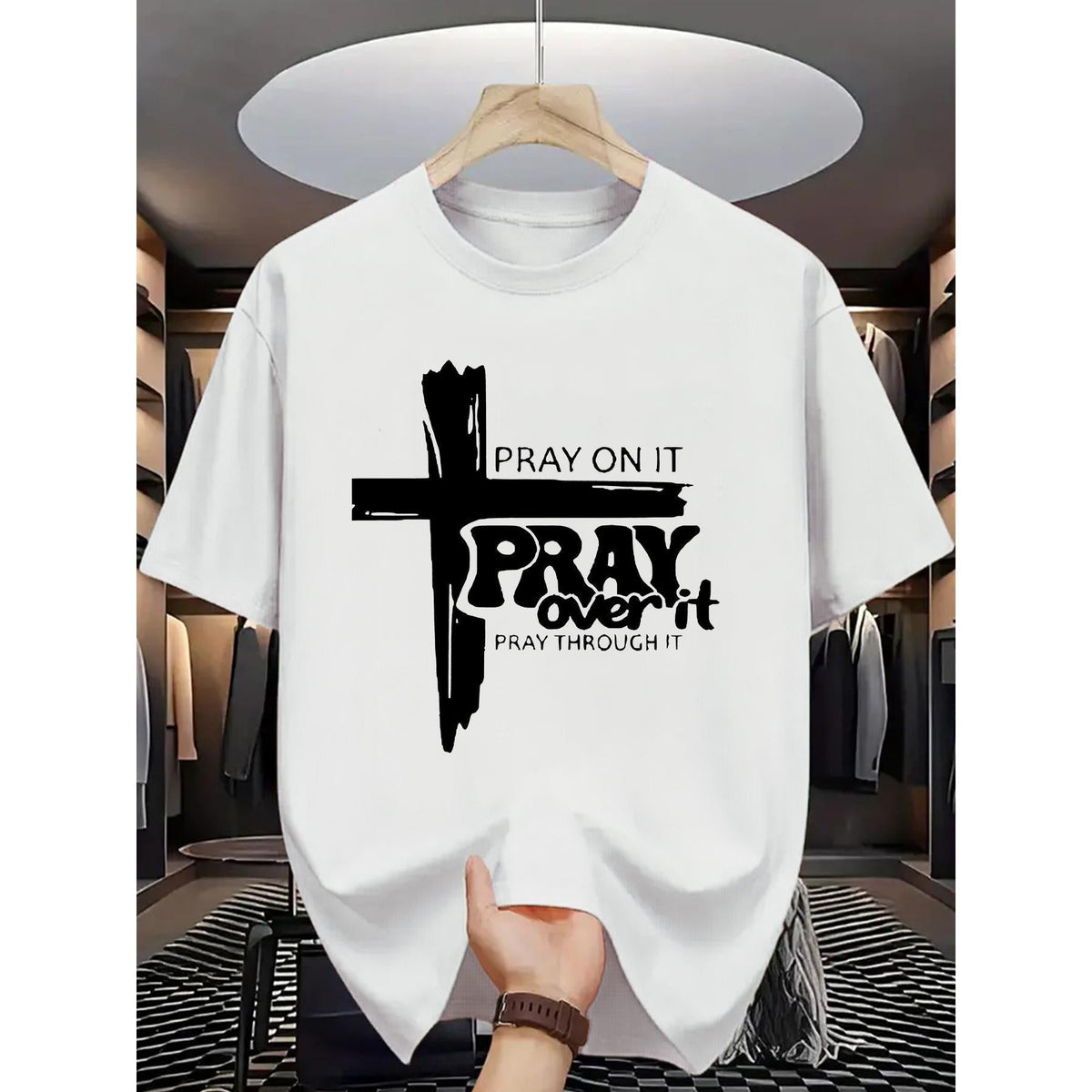 Men'S Casual Summer T-Shirt with "Pray On It, Pray Through It" Cross Print - Crew Neck Short Sleeve, Faith-Inspired Design