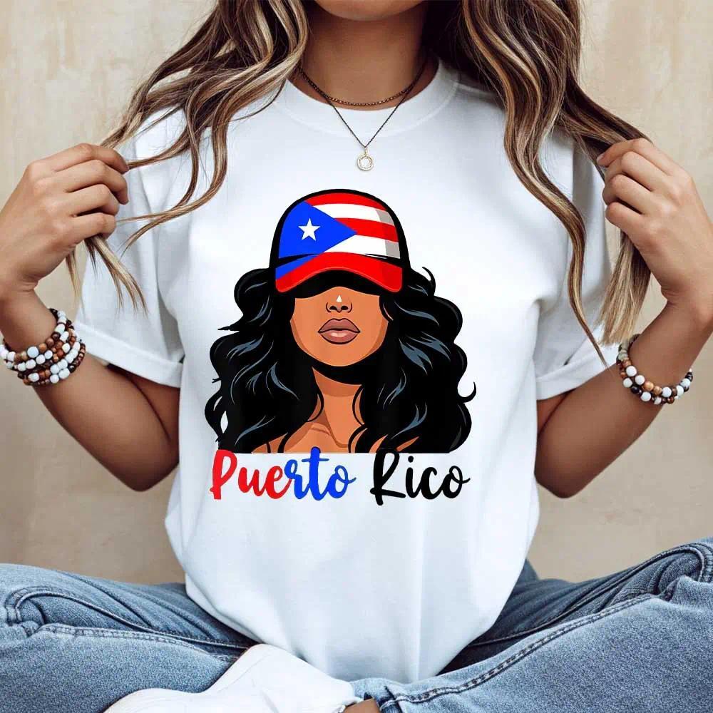 Puerto Rico Flag Woman Print Tshirt White Crewneck Casual Wear For Women