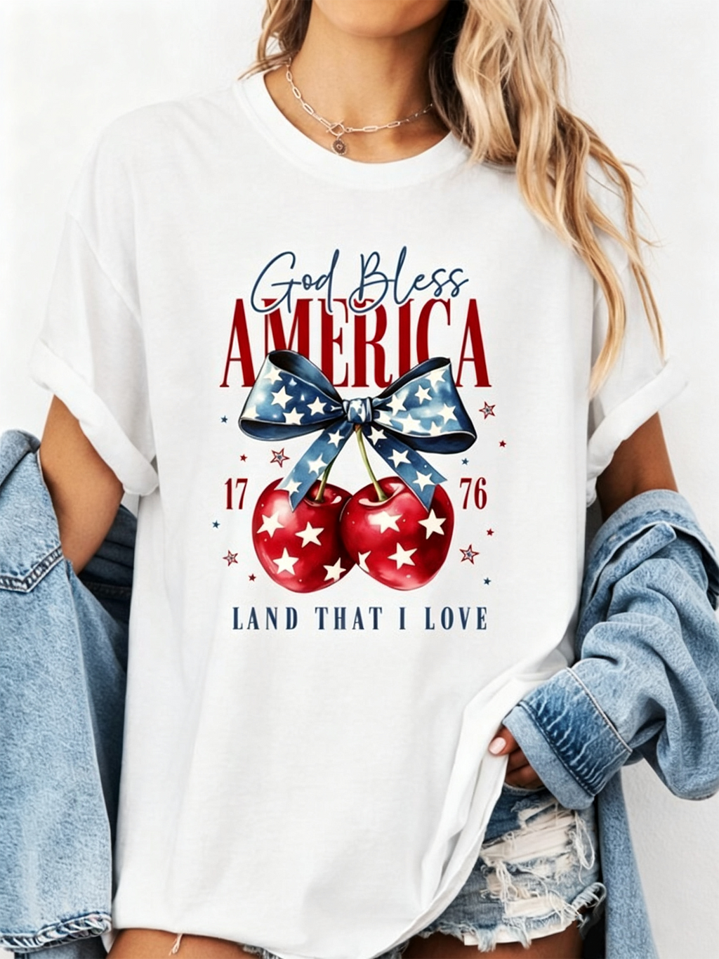 Patriotic God Bless America Graphic T‑Shirt, Retro Cherry Star Bow Short Sleeve Crewneck Tee for Women