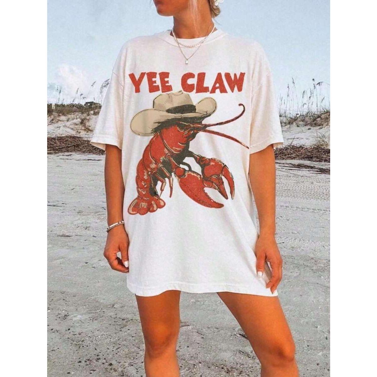 Lobster Cowboy Funny Graphic Tee For Women Yee Claw Western Beach Oversized T-Shirt