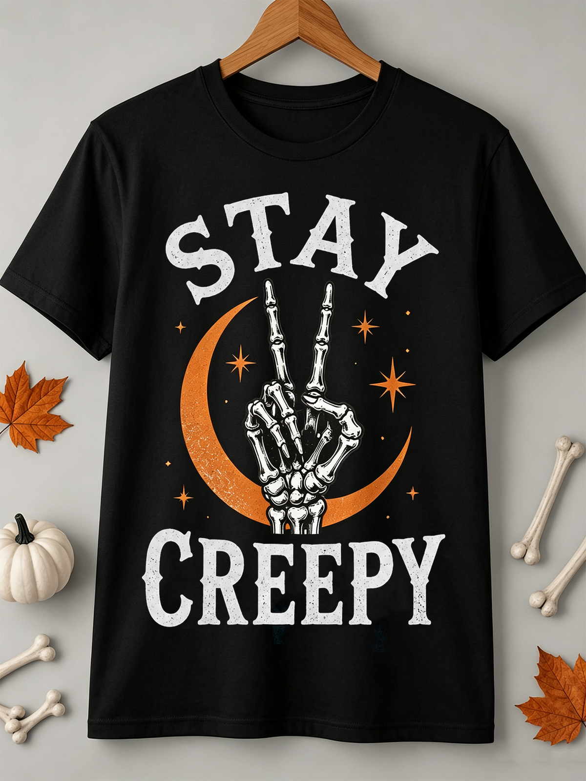 Women Halloween Stay Creepy Skeleton Peace Hand Graphic T‑Shirt Spooky Fall Casual Short Sleeve Tee