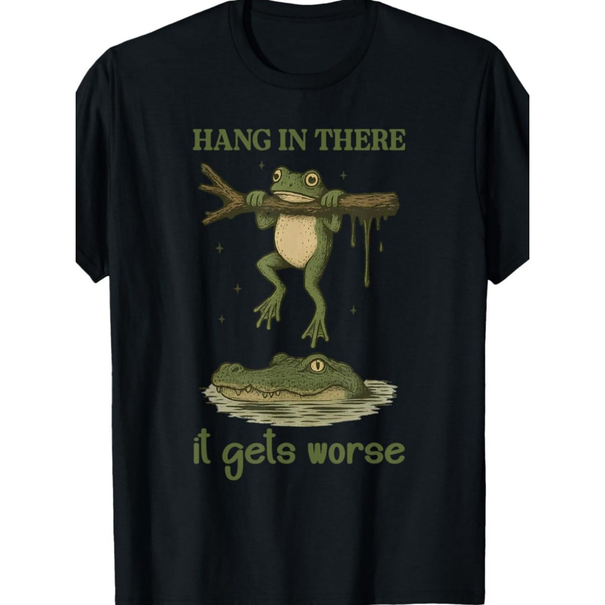 Funny Frog & Crocodile Meme T-Shirt | Sarcastic Animal Pun Tee - Black with Green Text - Regular Fit Adult Casual Attire - Machine Washable Top, Crew Neck, Vintage Style, All-season, 220G Fabric