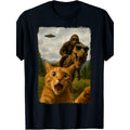 Humorous T-Shirt Featuring a Cat, T-Rex, Sasquatch, And UFO Selfie - a Fun Tee for Cat Enthusiasts with a Design of a Ginger Tabby And Dinosaur. Ideal for Casual Wear, This Unisex Shirt Is Perfect for Daily Use in 2026
