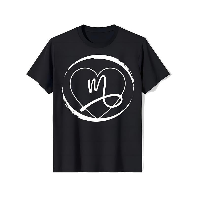 Women's Casual Elegant Black T-Shirt - White Heart & Stylized 'M' Graphic Design, Short Sleeve Round Neck, Machine Washable, All-Season Versatile Top, Casual Attire, Minimalist Design, Comfortable Fit