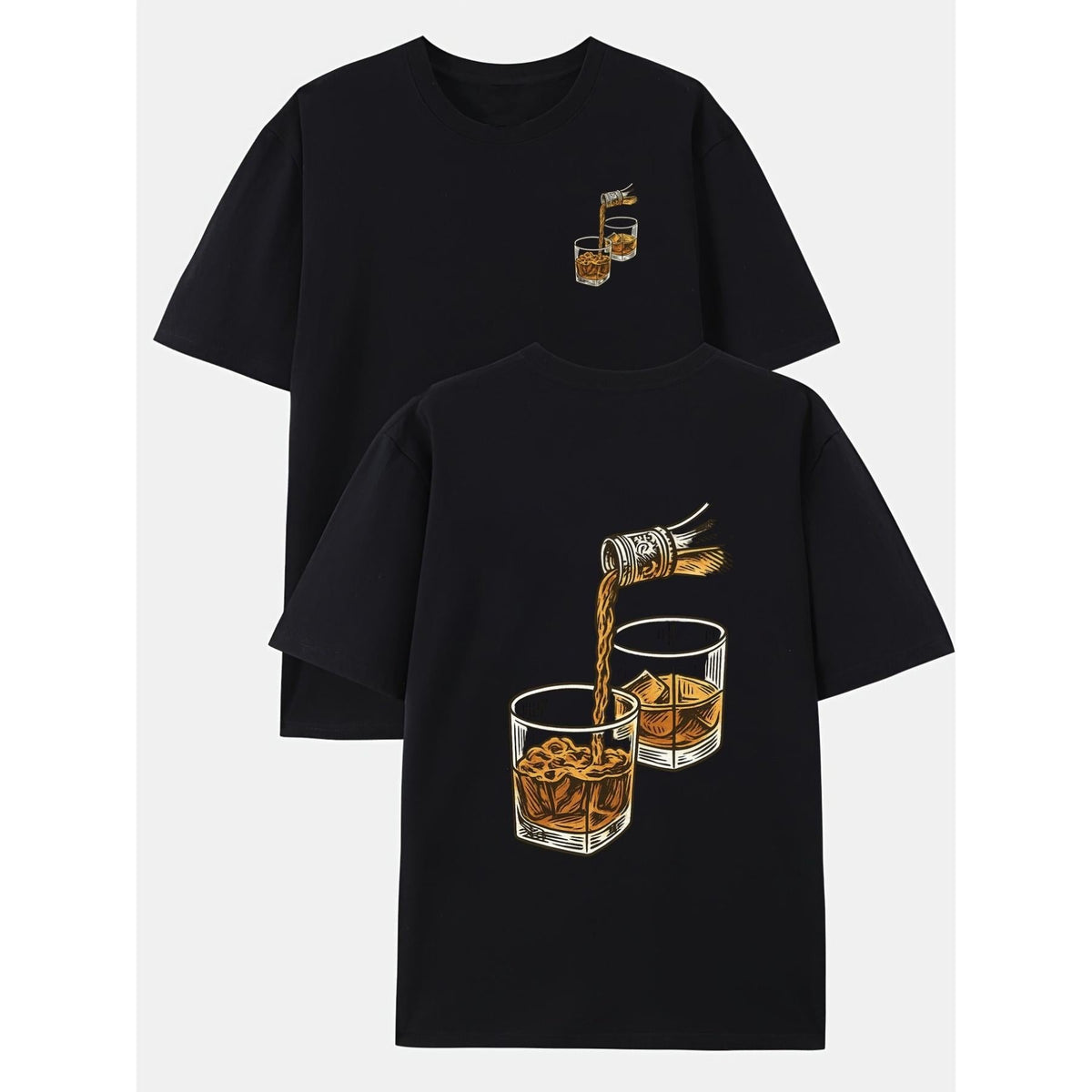 Whiskey and Spirits Double-sided Print Pattern Men's Fashion Trend T-shirt, Suitable for Home and Daily Casual Wear