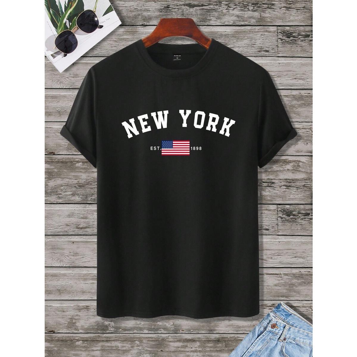 Men's Crew Neck Short Sleeve Letter Graphic Casual T-Shirt, Summer,Cotton,250thUSA