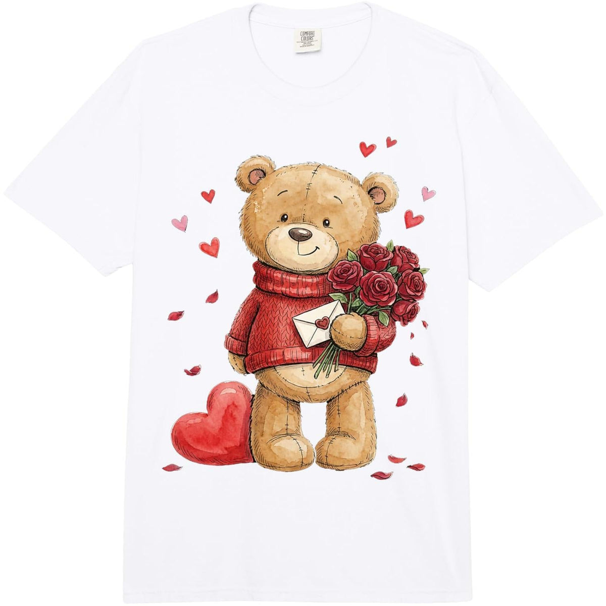 Cute Teddy Bear Roses Women Valentines Day Shirt Girl Heart Comfort Colors Adult Heavyweight T-Shirt