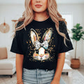 Women's Easter Rabbit Print Cotton T-Shirt, Short Sleeve O-Neck Casual Tee With Bowknot Bunny Graphic