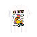 Funny Duck Teacher T-Shirt - "My Ducks May Not Be in a Row But at Least They Are Having Fun" Graphic Tee, Loose Fit Casual Shirt for Adults, White with Colorful Duck & Drink Design, Perfect for Casual Attire