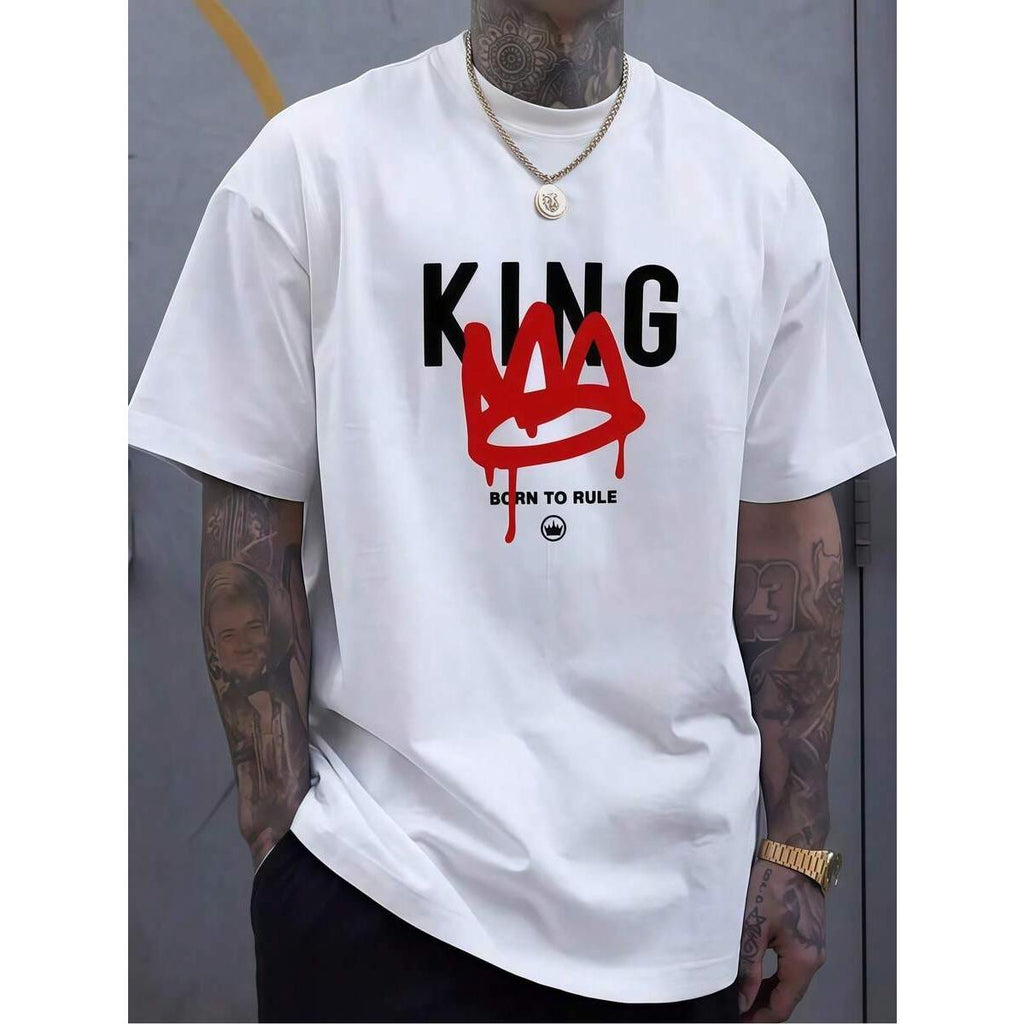 1 Pc Men's Clothing KING Crown Printed White Tshirt, Graphic Tee, Summer Tops, Shirt, Unisex Casual Crew Neck Tshirt, Plus Size Men's 5XL, Lightweight 220 G/M² Knitted Fabric, Machine Washable