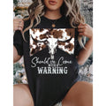 Women Round Neck T Shirt Cow Skull And Brown Spot Print Should I Come With A Warning Text Short Sleeve Casual Summer Top For Everyday Wear